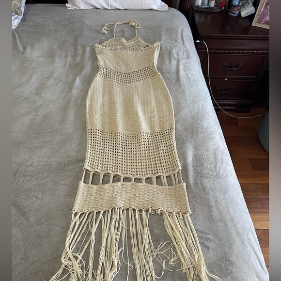 Zara Chic Beige Crochet Dress with Fringe. New - Picture 5 of 14